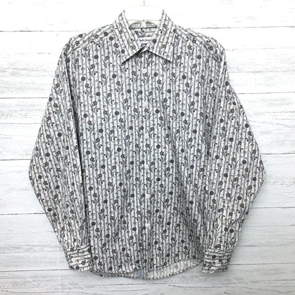 Bullock & Jones Men's Grey and Tan Floral Print Shirt Button Front Long Sleeve M